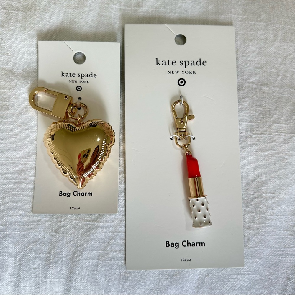 Kate Spade Gold Balloon Heart and Red Lipstick Bag Charms Bundle